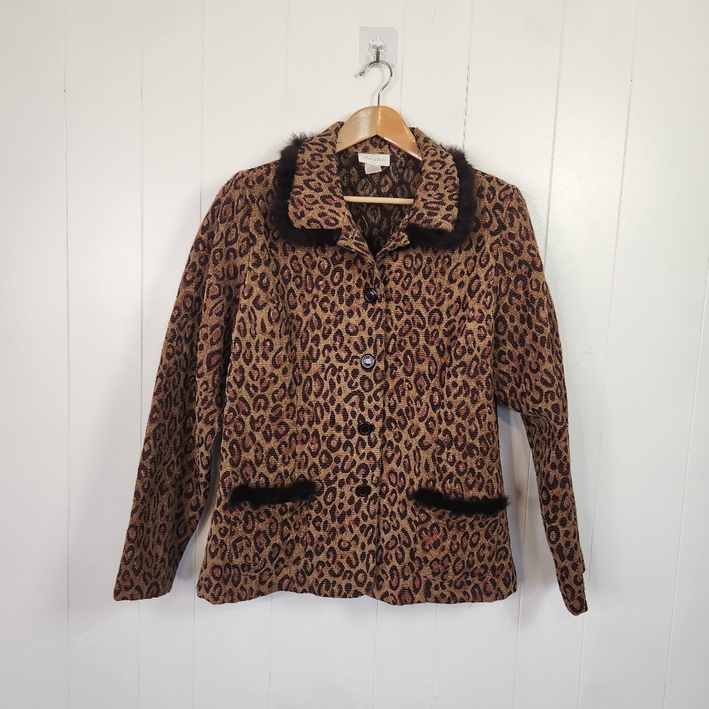 Vintage Leopard Print Faux Fur Coat Jacket Glam Rockabilly Womens Size XL 90s - Picture 2 of 12
